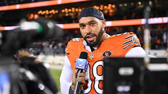 Chicago Bears defensive lineman Montez Sweat (98) is interviewed for television after a 16-13 win over the Carolina Panthers at Soldier Field.